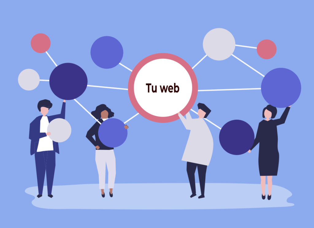Una ilustración digital sobre un fondo azul claro que representa el concepto de conexiones y enlaces a un sitio web, relevante para el SEO Offpage: Gestión de Backlinks y Link Building. En el centro, un círculo blanco con un borde rojo contiene el texto 'Tu web' en letras rojas. Este círculo central está conectado a través de líneas blancas a varios círculos de diferentes colores (azul oscuro, azul claro, gris y rojo) dispuestos a su alrededor. Cuatro figuras de personas de estilo de dibujos animados están interactuando con algunos de estos círculos periféricos, sosteniéndolos o estando cerca de ellos. Esta imagen simboliza cómo diferentes fuentes o 'enlaces' externos se conectan a 'Tu web', ilustrando la idea de la gestión de backlinks y el link building como una red de referencias para mejorar el SEO Offpage.
