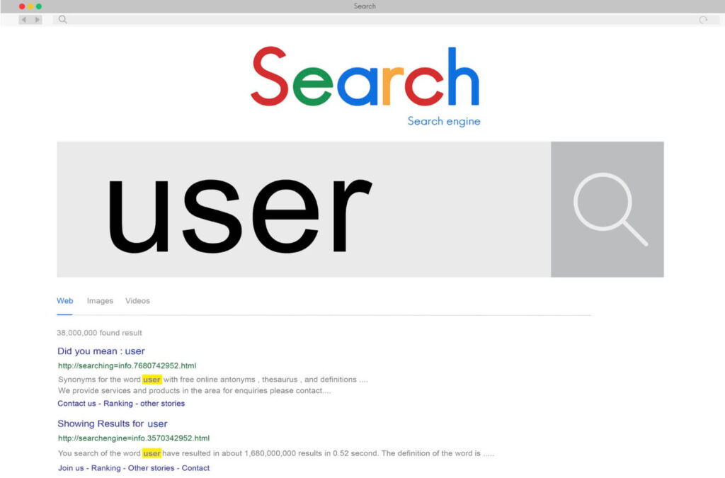 Captura de pantalla de una interfaz de búsqueda de Google simplificada, con la palabra 'Search' destacada en colores de Google y el texto 'Search engine' debajo. En la barra de búsqueda principal, se ha introducido el término 'user' en letras grandes y negras. Debajo, los resultados de búsqueda incluyen una sugerencia 'Did you mean : user' con un enlace, y una sección de 'Synonyms for the word user'. Más abajo, se muestra 'Showing Results for user' con un tiempo de respuesta de '0.52 second'. Esta imagen ilustra visualmente la intención de búsqueda de un usuario y cómo los motores de búsqueda interpretan las consultas, un aspecto crucial para el subcapítulo 'Contenido optimizado con la intención de búsqueda' dentro del blog 'Primeros pasos en una auditoría SEO'. Permite a los emprendedores digitales comprender cómo funciona la relación entre lo que busca el usuario y cómo Google presenta los resultados, esencial para crear contenido que responda a esa intención de búsqueda y optimizar su SEO a largo plazo.