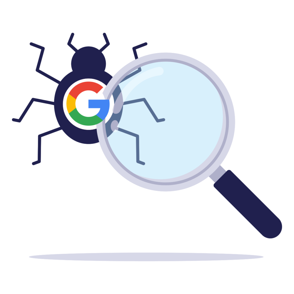 Una ilustración digital que representa el concepto de Crawling e Indexación: El Primer Paso para Ser Encontrado. Se muestra una lupa grande enfocándose en un insecto o 'crawler' de color oscuro. El cuerpo del insecto incorpora la letra 'G' con los colores distintivos de Google. Esta imagen simboliza cómo los rastreadores (crawling) de Google examinan e incorporan (indexación) el contenido web para que pueda ser encontrado en los resultados de búsqueda.
