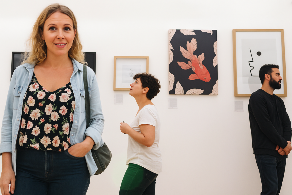 Una mujer rubia con cabello largo y una camiseta de flores bajo una camisa de mezclilla abierta mira directamente a la cámara y sonríe, mientras se encuentra en lo que parece ser una galería de arte o museo. Su mano izquierda está en el bolsillo de su pantalón oscuro, y lleva un bolso cruzado. Detrás de ella y ligeramente desenfocados, otras dos personas (una mujer de cabello corto y oscuro mirando un cuadro y un hombre con barba mirando hacia la derecha) también aprecian las obras de arte colgadas en paredes blancas, incluyendo un cuadro con un pez koi naranja sobre un fondo oscuro. Esta imagen ilustra visualmente la analogía de los lectores como 'visitantes en un museo' para el Contenido SEO Friendly, donde la estructura organizada del contenido asegura que los visitantes disfruten la experiencia y recuerden lo que vieron. Representa a los emprendedores digitales que, con una mirada a largo plazo, están dispuestos a estudiar a profundidad cómo funciona la creación de contenido que no solo informe, sino que también ofrezca una experiencia memorable y bien organizada para un mejor posicionamiento en Google.