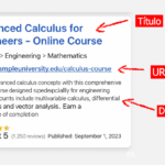 Captura de pantalla de un snippet de resultados de búsqueda de Google, con flechas rojas y texto blanco que señalan los tres elementos clave: 'Título', 'URL' y 'Descripción'. Esta imagen ilustra visualmente la estructura de un resultado de búsqueda, la base de este post sobre 'Optimiza tus títulos, metadescripciones y URLs'. Representa la importancia de entender cómo se construyen estos elementos con intención para los emprendedores digitales que buscan aumentar la tasa de clics en Google y comprender cómo funciona el SEO a largo plazo sin depender de fórmulas mágicas, sino de una optimización bien pensada.
