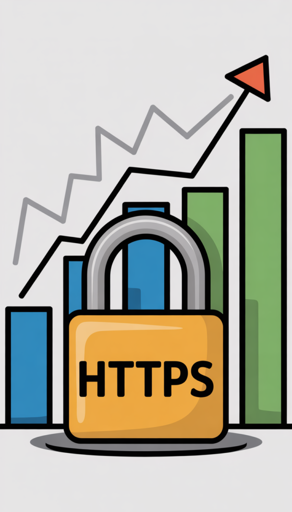 Ilustración de un candado amarillo con el texto 'HTTPS'. El arco del candado se ha transformado en una flecha ascendente que señala hacia un red upward arrow al tope de un gráfico de crecimiento empresarial. Detrás del candado, gráficos de barras azul y verde y una línea ascendente grey con una flecha roja muestran un crecimiento estructural estable hacia arriba. Esta imagen visualiza el núcleo del artículo 'La implementación correcta': cómo la seguridad estructural de HTTPS no es magia, sino el motor que crea estabilidad y desbloquea el crecimiento sostenido y ascendente en el SEO Técnico, convirtiéndose en una ventaja competitiva decisiva para los emprendedores digitales que entienden cómo funciona y buscan el éxito a largo plazo.