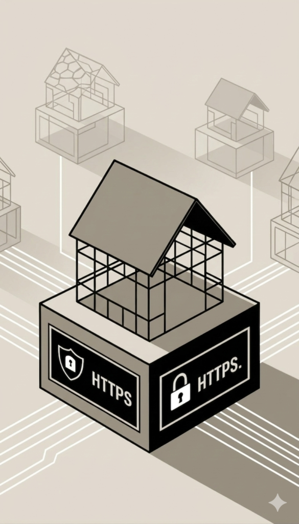 Ilustración isométrica en estilo técnico que muestra el armazón de una casa perfectamente nivelado sobre un bloque de cimentación oscuro marcado con las siglas HTTPS y un icono de escudo con candado. Al fondo se observan otras estructuras similares en tonos grises, representando un entorno digital interconectado y robusto. Esta imagen actúa como metáfora visual para el artículo 'HTTPS y seguridad como una parte del sistema', subrayando que el protocolo de seguridad es la base estructural que elimina fricciones y evita el colapso de la experiencia del usuario, permitiendo un crecimiento sólido y a largo plazo para cualquier proyecto web.