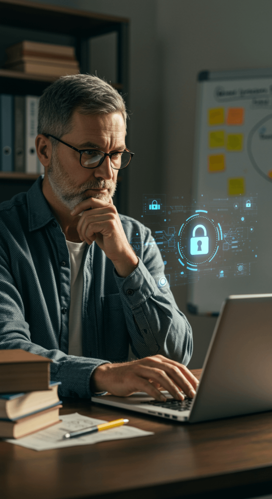 Una fotografía de un hombre mayor con gafas y barba gris, sentado en su escritorio de estudio con libros y una pizarra con notas adhesivas en el fondo. Está concentrado mirando un portátil con la mano en la barbilla. Delante de él flota un brillante y detallado holograma azul de un candado central, que representa la seguridad en línea y es parte de un diagrama de circuito digital más grande con otros iconos de seguridad conectados. Esta visualización simboliza un análisis técnico de seguridad avanzado. La imagen ilustra cómo la complejidad técnica de la seguridad en línea impacta directamente la experiencia del usuario y su percepción, un tema clave para evitar el abandono de usuarios y mejorar el rendimiento del sitio a largo plazo para los emprendedores digitales que estudian estos temas.